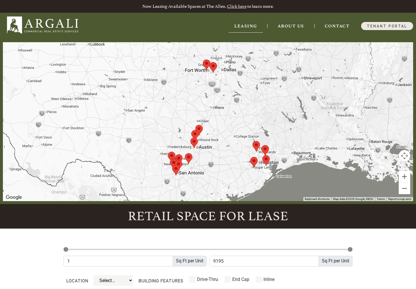Argali Commercial Real Estate leasing website with an interactive availability map