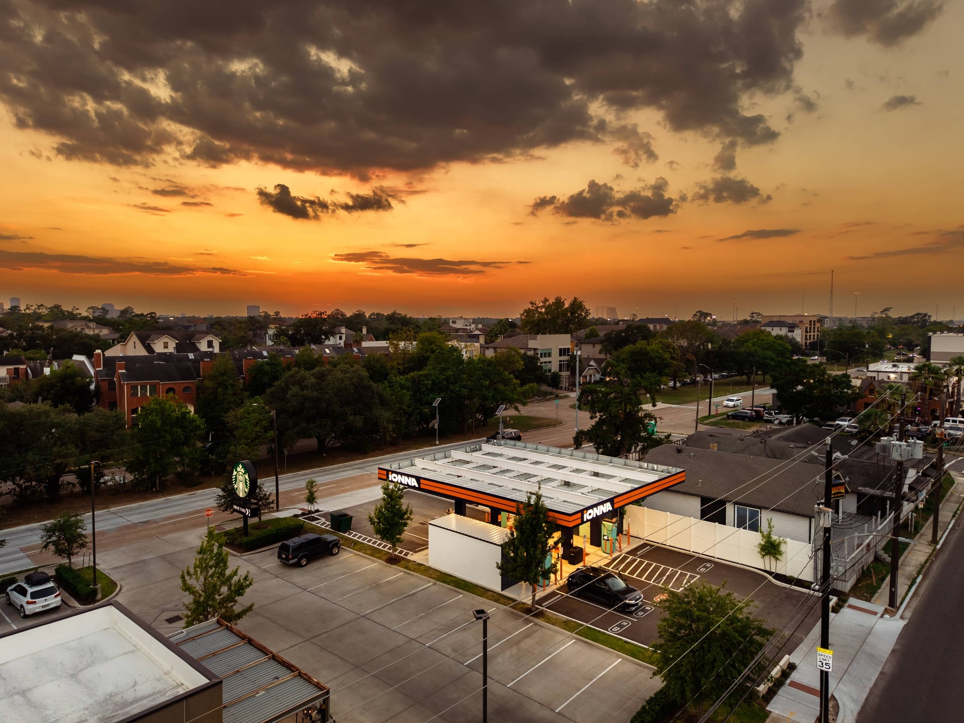 IONNA EV charging station at sunset, aerial and ground photography by IRL Marketing