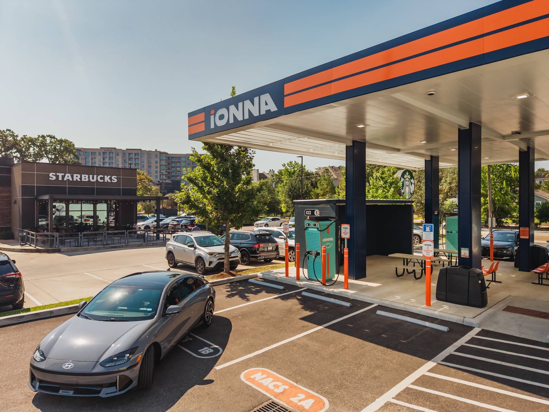 IONNA EV charging station site completion photography by IRL Marketing, daylight drone and ground coverage