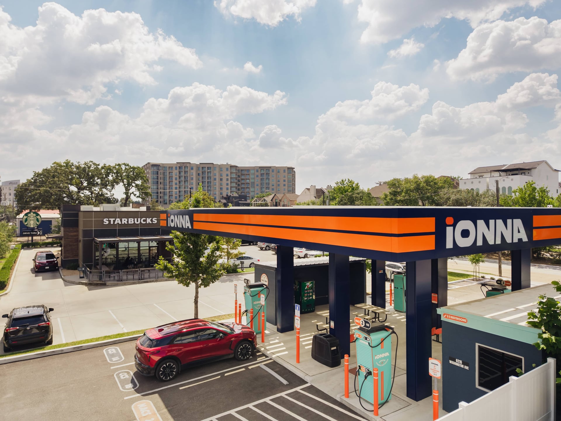IONNA EV charging station site completion photography by IRL Marketing, daylight drone and ground coverage